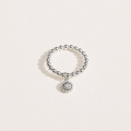 Gemina sterling silver beaded elastic ring with a vintage smiley sun charm