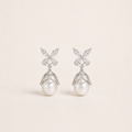 Gemina Eloise marquise crystal butterfly earrings with a teardrop pearl in a beaded lace cap