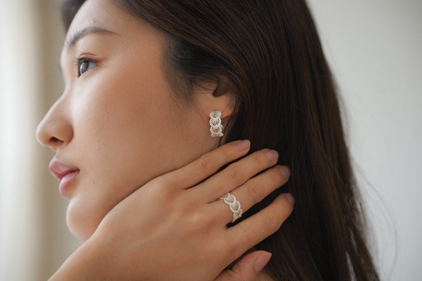 Sterling silver lace texture earrings and lace ring, worn together