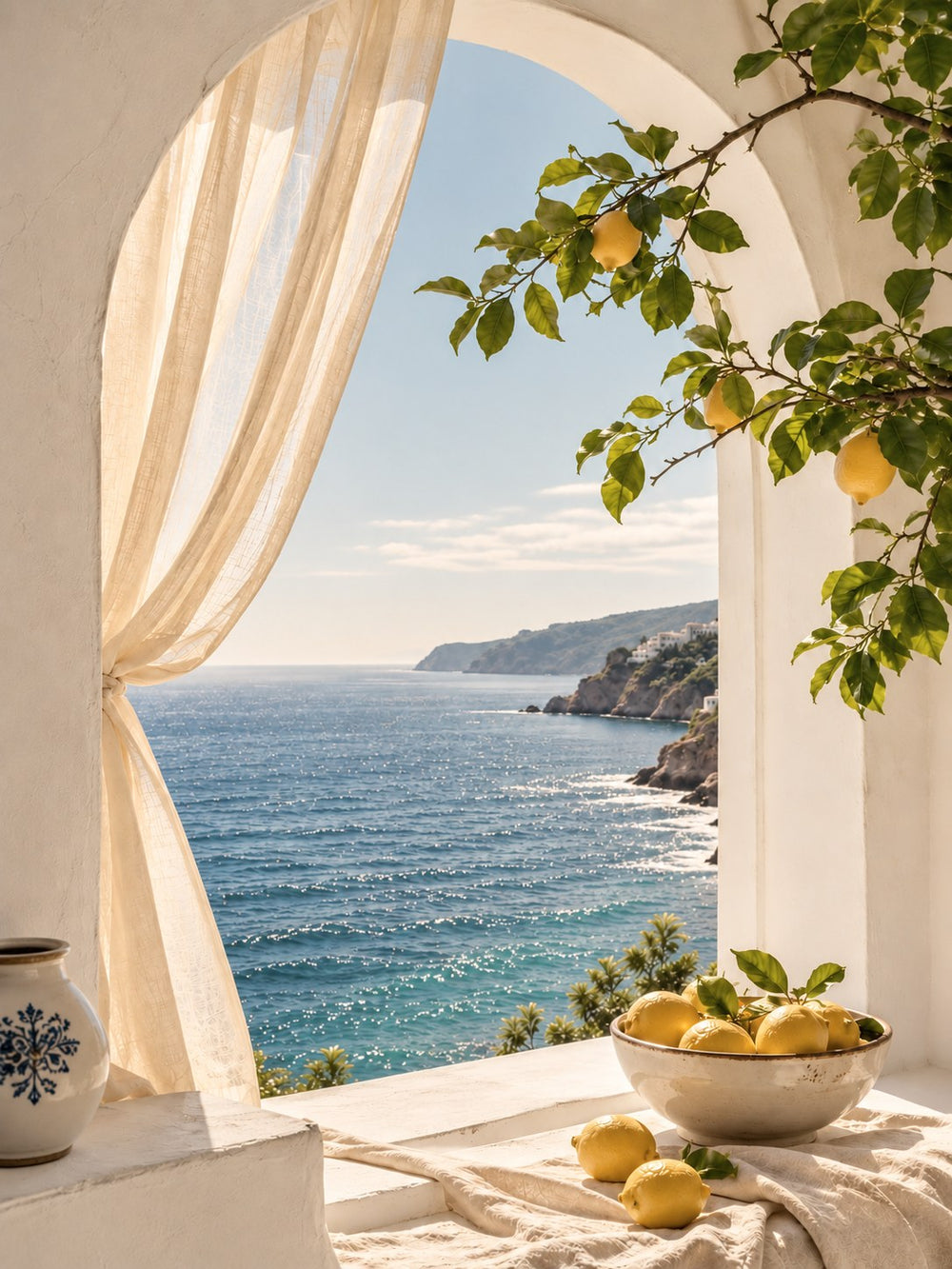 Travel: an arched window over the sea with lemons